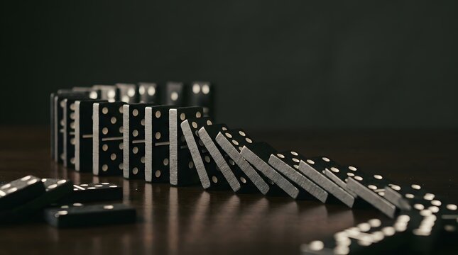 A row of black dominoes tipping over in a sequential chain reaction on a wooden surface against a dark background showing symbolic business concept of cause and effect with elegant shallow copy space
