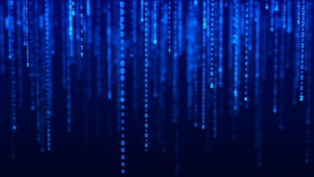 Abstract blue digital matrix rain of glowing numbers and binary code representing technology and data flow