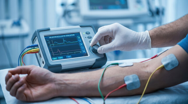 Physical therapist adjusting electrotherapy settings for patient rehabilitation with electrode leads on arm in clinical treatment room
