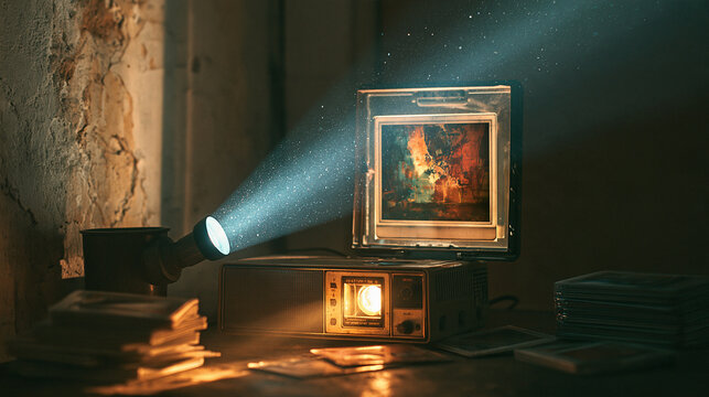 Vintage Slide Projector Beam Casting Light on Glass Photo Frame