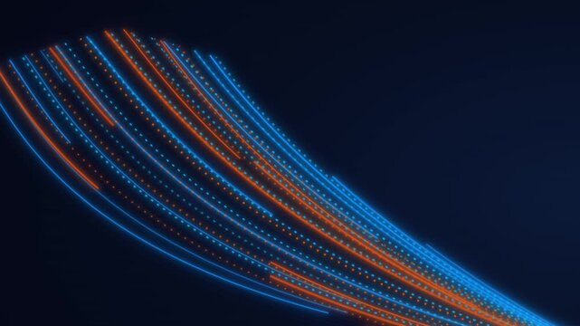 Dynamic motion of orange and blue glowing light trails with dotted patterns on dark background