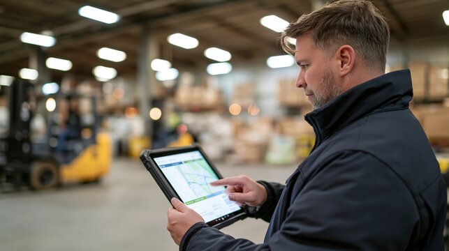 A middle-aged man with short brown hair and a beard wearing a dark jacket holds a rugged tablet displaying a route map while standing at a warehouse loading dock