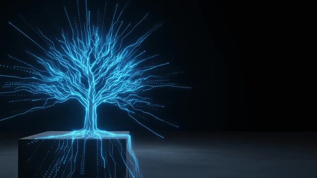 Abstract Digital Tree Glowing With Electrical Energy Lines Growth On A Cube Platform In A Dark Virtual Cyber Space