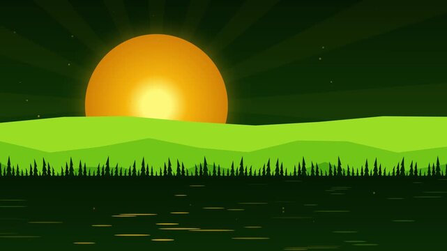 Minimalist digital sunrise landscape with stylized green rolling hills and dark forest trees reflected in a calm deep water lake loop motion graphic