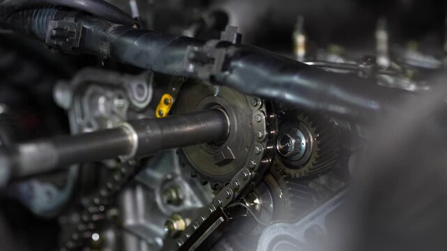 A mechanic uses a socket wrench to tighten or loosen a center bolt on a camshaft sprocket with a timing chain.