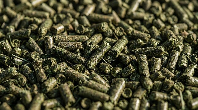 A close-up view of dried alfalfa pellet feed used for nutritious animal nutrition in a sustainable agricultural farm