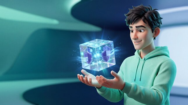 3D cartoon illustration of a young man in a green hoodie holding a glowing holographic security cube with shielding icons.