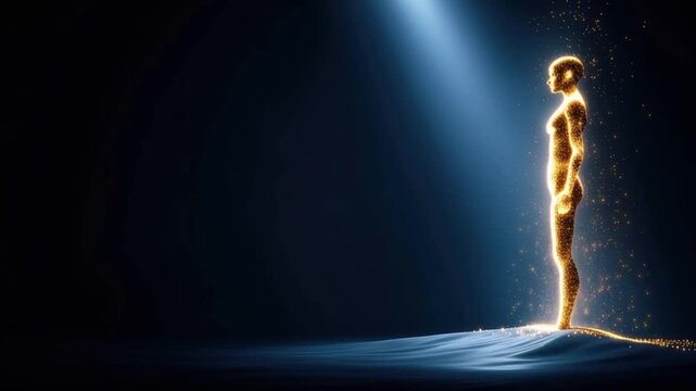 A solitary figure radiates with golden light, standing within a focused beam of illumination against a deep, dark backdrop. ..Created with Generative AI, not depicting real subjects.