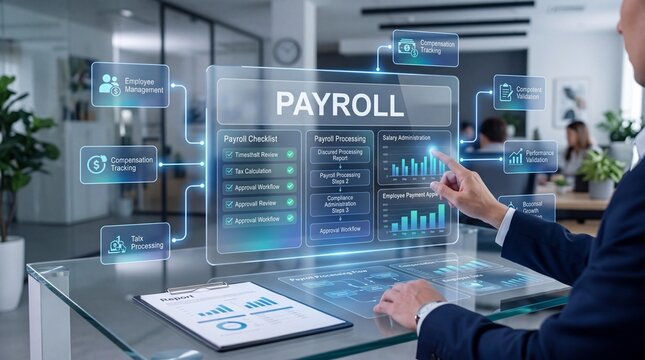Businessman using futuristic payroll dashboard interface for automated salary administration and HR management in a modern office.