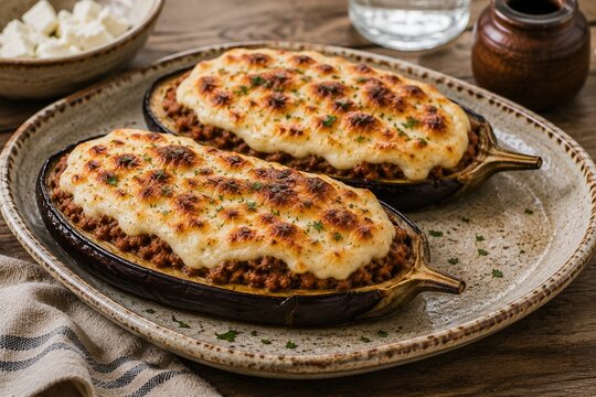 Greek papoutsakia with spiced minced meat, browned b chamel and parsley on rustic ceramic plate
