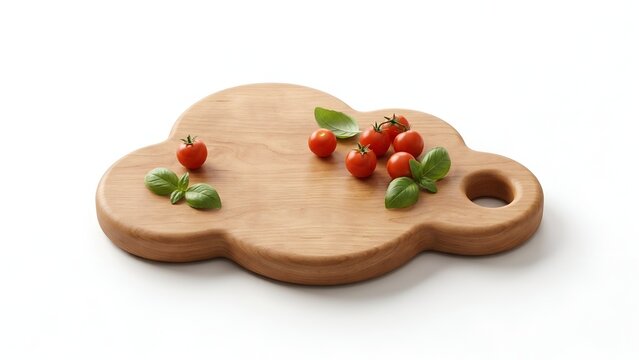 Cherry tomatoes and basil on a cloud shaped cutting board