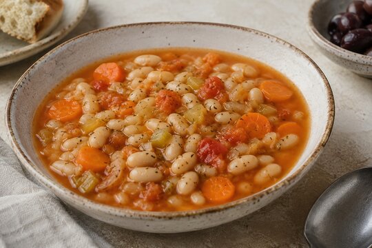 Traditional Greek fasolada bean soup with tomatoes, carrots and rustic bread on table