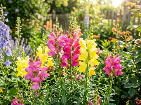 Vibrant Snapdragons and Delphiniums Blooming in a Sunny Garden.