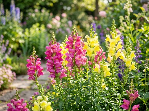 Vibrant Snapdragons Blooming in a Lush Garden Setting.