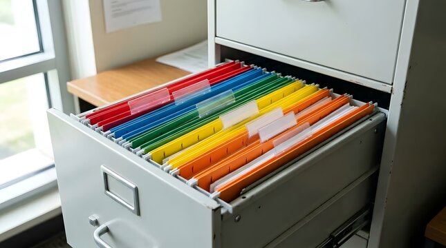 Open metal filing cabinet drawer featuring a neat row of vibrant multicolored hanging file folders with plastic index tabs for organized corporate document management in a bright sunlit office space