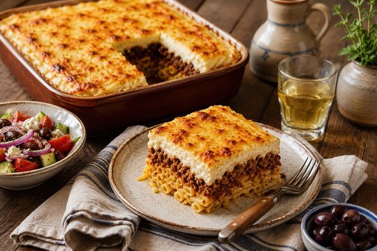 Greek pastitsio slice with minced beef, golden b chamel, salad and olives on rustic table