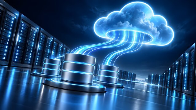Cloud computing synchronization with glowing blue data streams connecting physical server databases to virtual cloud
