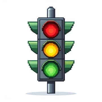 pixel art vector illustration of traffic light isolated on white background. Pixel art vector illustration of a three-color traffic signal post.