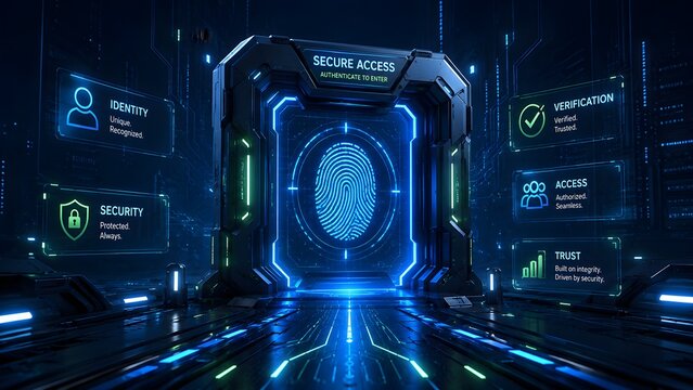 Futuristic biometric security gateway with digital fingerprint authentication and glowing panels for secure access control and identity verification