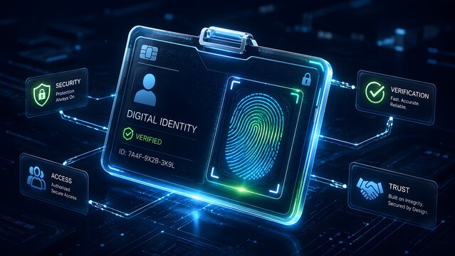 High tech digital identity card with biometric fingerprint scanner and glowing holographic security verification panels for authorized access