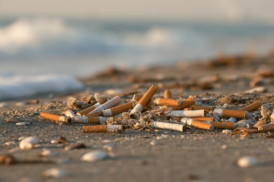 Discarded cigarette filters and paper remnants embedded in damp coastal sand near waterline with tiny shells and natural debris scattered around