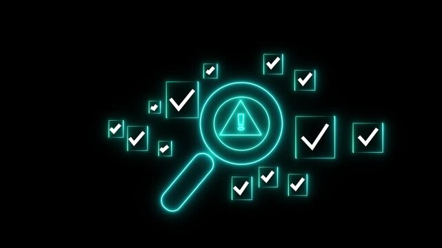 Neon magnifying glass with warning symbol and checkmarks, digital security and data audit concept search