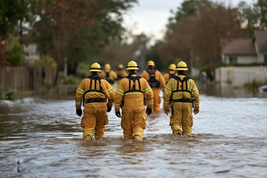 Group of male firefighters in yellow protective gear walking through deep floodwaters on a residential street with submerged fences and houses visible behind them under overcast daylight conditions