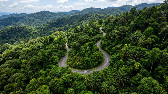 White modern car travels along a winding asphalt road through dense tropical rainforest vibrant green foliage