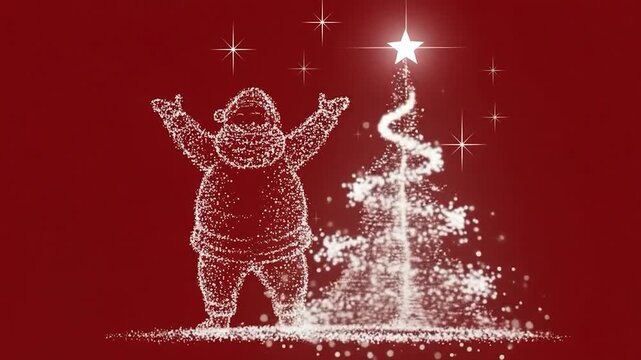 Glittering santa claus and christmas tree with glowing stars against a red background