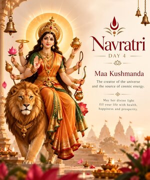Goddess durga riding lion for navratri day four maa kushmanda celebration with navratri