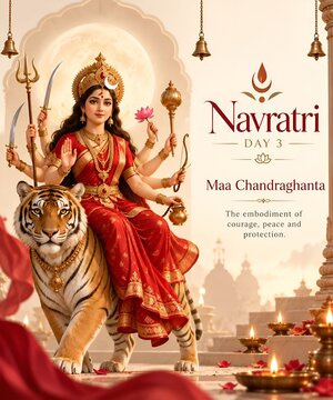 Goddess durga sitting on tiger for navratri day three maa chandraghanta celebration