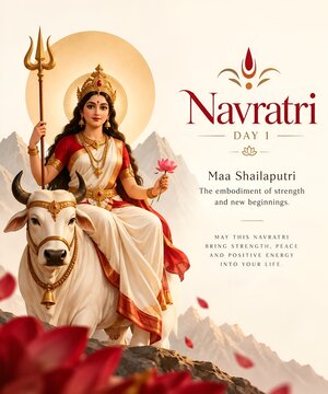 Hindu goddess maa shailputri seated on a white bull for navratri day one celebration