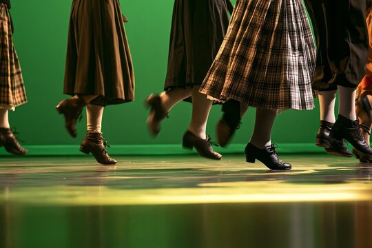 Lower legs and feet of traditional folk dancers in dark shoes and plaid skirts performing synchronized steps on polished stage with emerald green backdrop and warm directional lighting