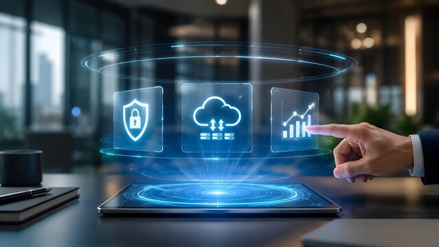 Businessman hand touching futuristic holographic digital dashboard featuring cloud computing security shield and business growth analytics