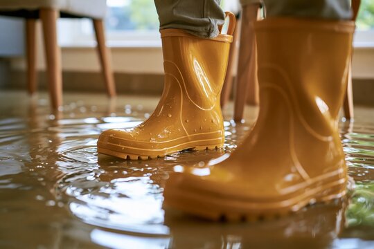 Person wearing bright amber rubber boots standing in shallow water puddle inside flooded residential room, furniture legs and baseboards visible in soft background blur