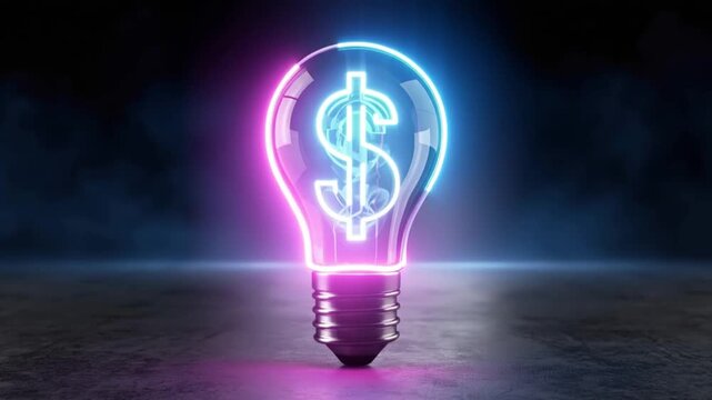 A glowing neon dollar sign encased within a light bulb, illuminated with vibrant pink and blue hues against a dark, smoky background. ..Created with Generative AI, not depicting real subjects.