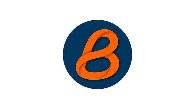 Modern letter B logo icon, orange stylized alphabet initial on dark blue circle, professional corporate branding element for tech startups