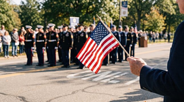 A person holding an american flag during a solemn outdoor ceremony to honor soldiers on veteran day