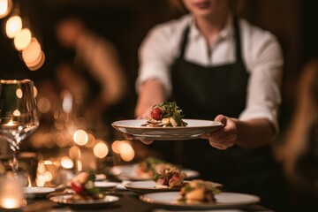Fototapeta premium A waitress serves a beautifully prepared gourmet dish in a cozy restaurant. This highlights high-quality hospitality and fine dining experiences.