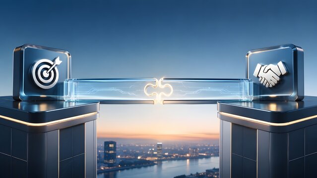 Connecting puzzle pieces over city skyline symbolizing strategic corporate partnership and joint business venture