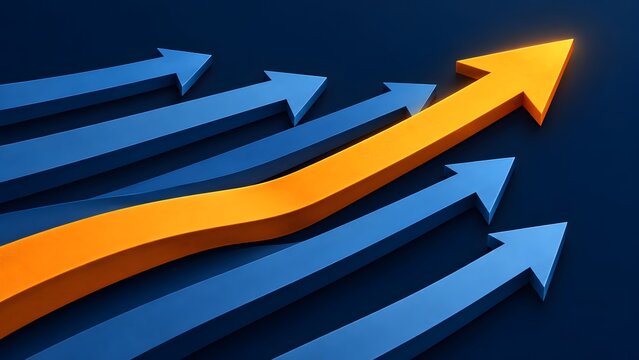 Orange 3d arrow rising above and diverging from blue group symbolizing unique business strategy and leadership