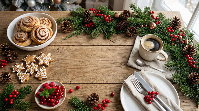 Christmas table setting with cinnamon rolls coffee and festive decorations in natural light
