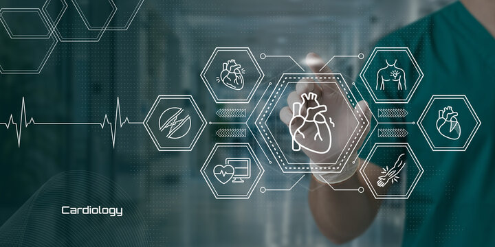 Modern cardiology technology interface with heart icons and medical diagnostics on a digital screen