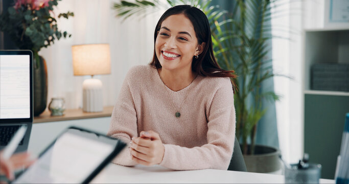 Patient, doctor or happy woman with tablet for consultation, medical checkup or visit in clinic. Female person, client or follow up appointment with technology or health advisor for healthcare advice