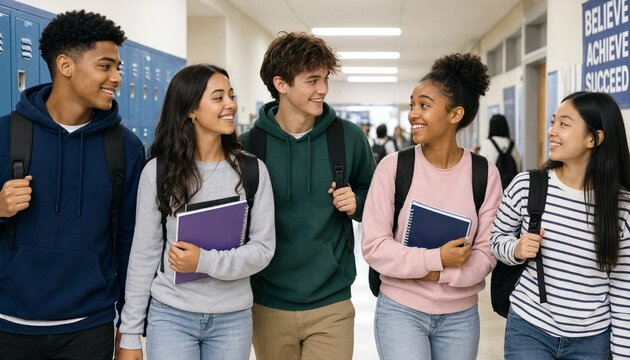 Group of high school students laughing and walking down brightly lit school hallway