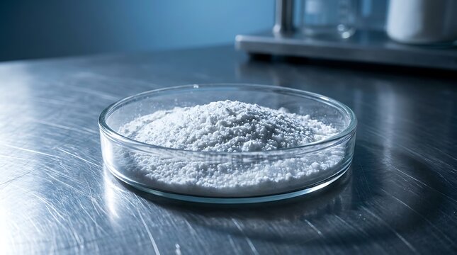 Allantoin powder in a glass petri dish on a metallic laboratory table for pharmaceutical and cosmetic research