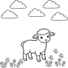 Obraz premium Cute Sheep with Butterflies, Flowers and Clouds