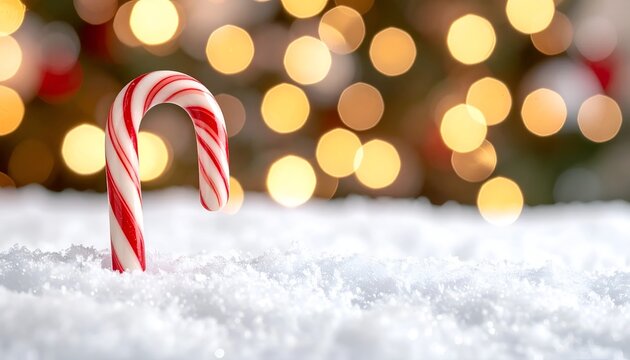 Festive red and white striped candy cane standing in fresh snow with warm golden bokeh background lights, depicting a cozy winter holiday and Christmas atmosphere.