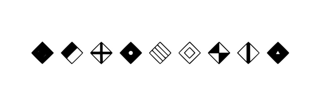 Geometric Diamond Ideograms, Minimalist Icon Set, Modern Design Elements. Abstract Shapes, Vector Graphics, Clean Lines.