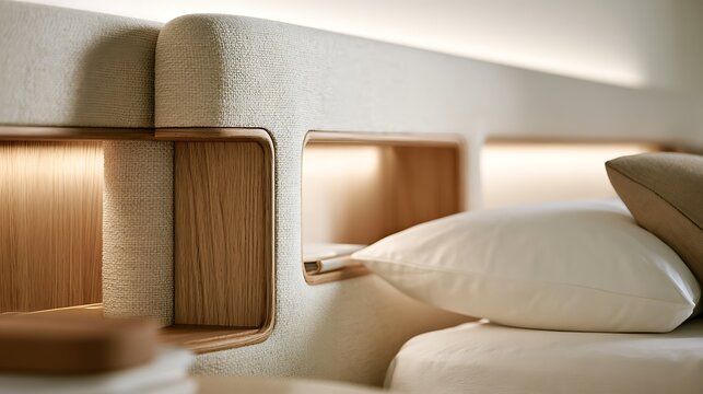 Modern minimalist bedroom interior with integrated wooden headboard and soft ambient lighting.